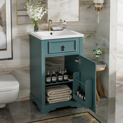 Bathroom Vanity With Ceramic Sink, Soft Close Door, Adjustable Shelf, And Door-Mounted Storage Rack - Ideal For Small Bathrooms
