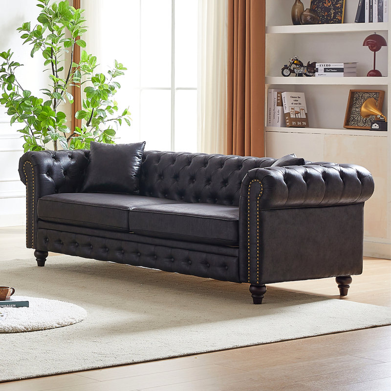 Canapé Chesterfield en similicuir, H 28,3 po x l 63,5 po x P 32,3 po, Noir