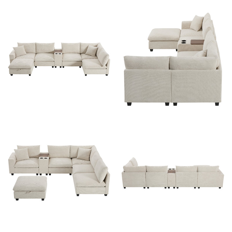 Plush Corduroy U-Shaped Sectional Sofa with Movable Ottoman, USB Charger & Storage Console – Modular Luxury, Beige