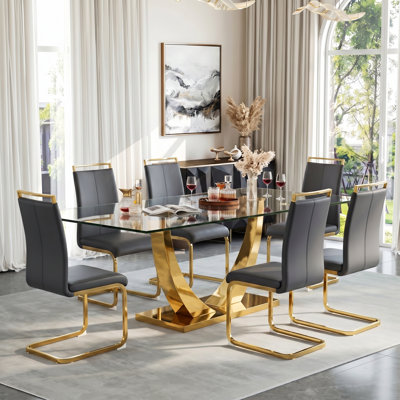 Joniya 63" D Glass Dining Set with Metal Base