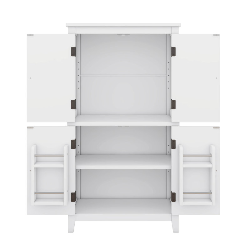 Élégante armoire de rangement autoportante pour salle de bain avec quatre portes et tablettes réglables, Blanc
