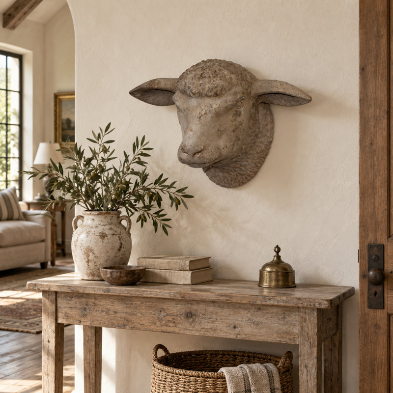 Rustic Weathered Sheep's Head Wall Sculpture