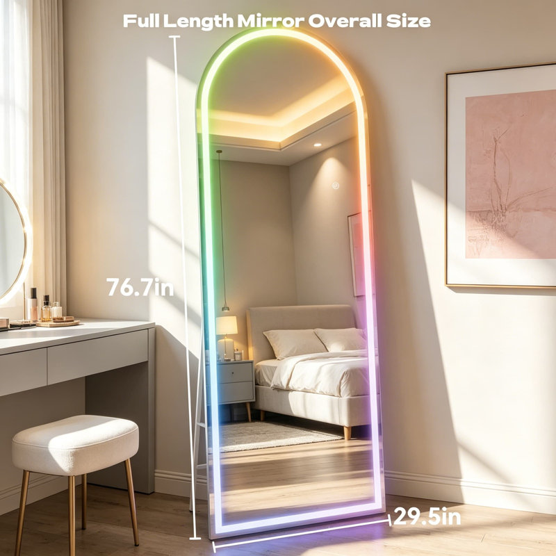 Miroir pleine longueur 76,7 pouces à DEL avec haut-parleur Bluetooth, modes de changement de couleur RVB, luminosité réglable, miroir sur pied avec cadre blanc pour chambre à coucher, salon, vestiaire