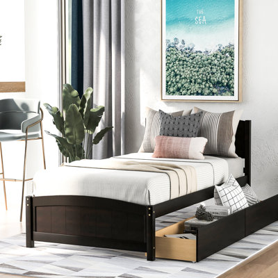 Lit plateforme simple avec deux tiroirs teintés - Bois massif pour chambre à coucher classique
