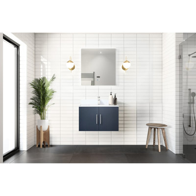 Meuble-lavabo bleu marine l 30 po x P 22 po avec comptoir en marbre, robinet et miroir rétroéclairé à DEL