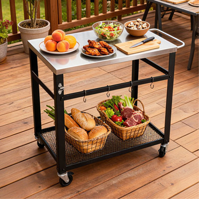 2-Tier Mobile Outdoor Grill Cart, Stainless Steel Top BBQ Prep Table with Mesh Shelf, Locking Wheels & Tool Hooks (Black)