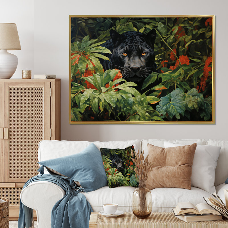 Black Panther Jungle Roam Oil, Gold Floater Framed, 30" H x 40" W x 1.5" D