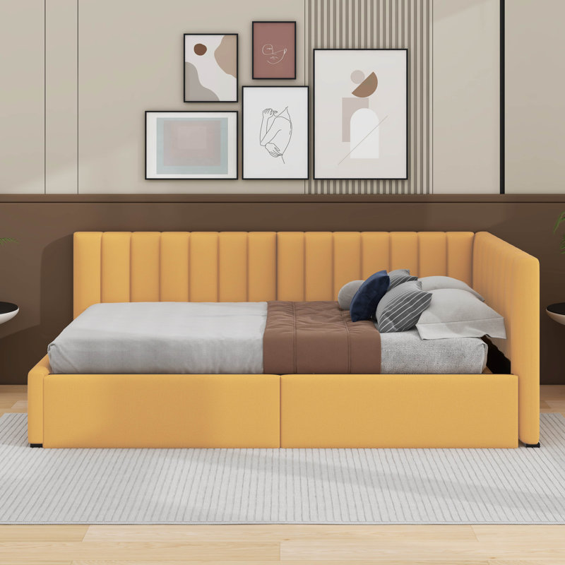 Lit de jour simple tapissier avec 2 tiroirs, support en lattes de bois, Jaune