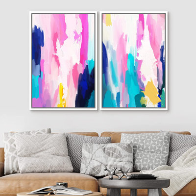 Colorful Brushstrokes Bright Pink Blue Artwork Wall Art 2 Pieces Painting Image Print