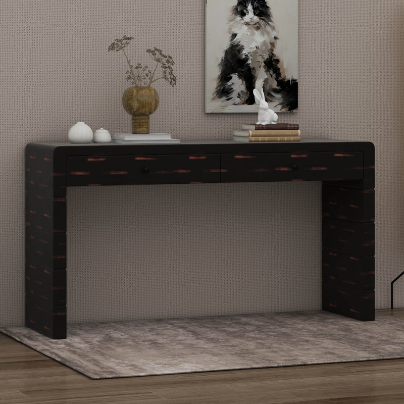 Curved Console Table With Storage, Wooden Entryway Table With 2 Drawers, Farmhouse Sofa Table, Distressed Black