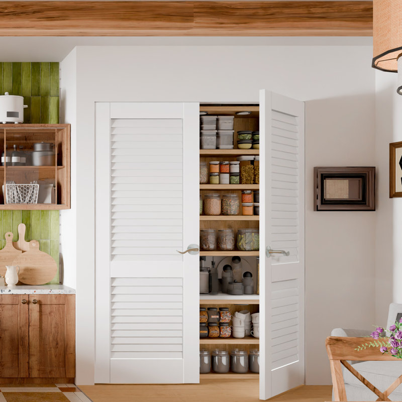 Portes intérieures de garde-manger intérieures - Double porte standard à persiennes blanches avec poignées argentées