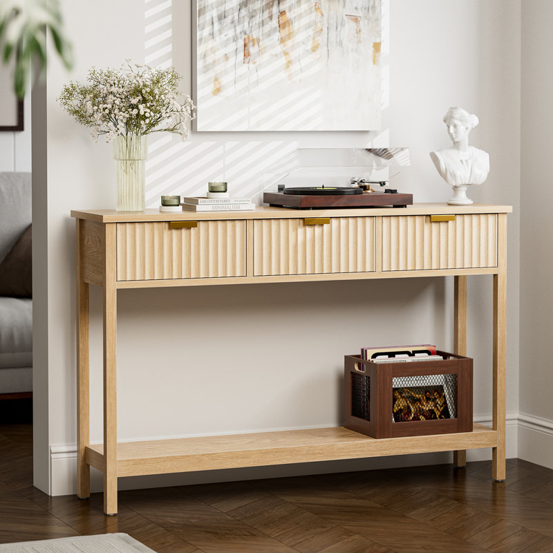 Natural Oak Console Table with Fluted Drawers and Shelf