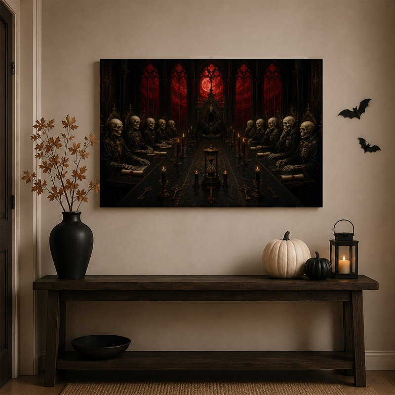 Squelettes gothiques assis à une longue table avec une toile rouge d'Halloween, 24"H x 36"W
