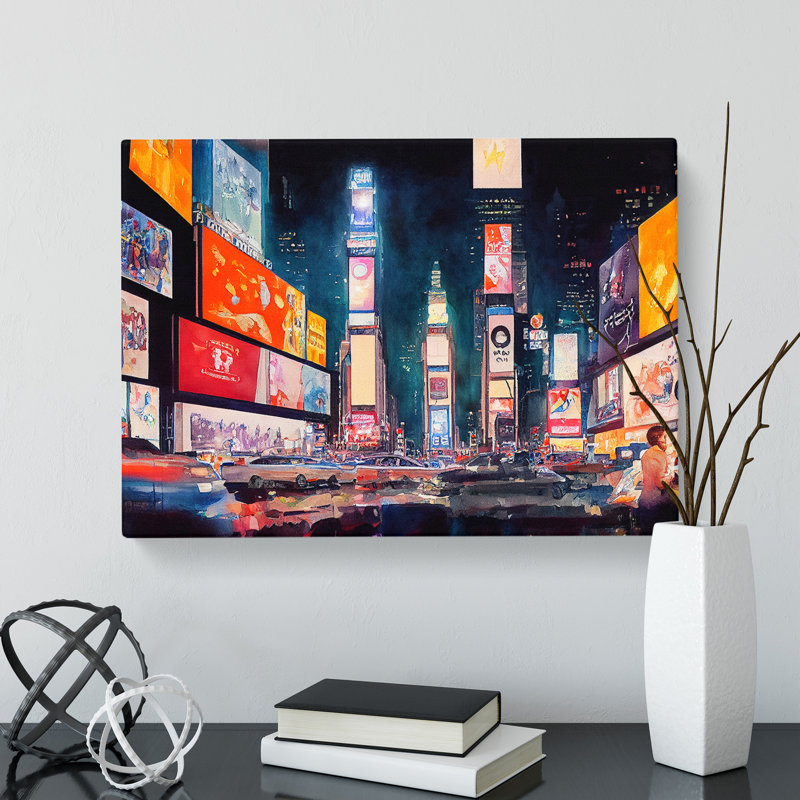 Times Square New York Watercolour Vol.4 - Wrapped Canvas Print, 35cm H x 50cm W x 3cm D