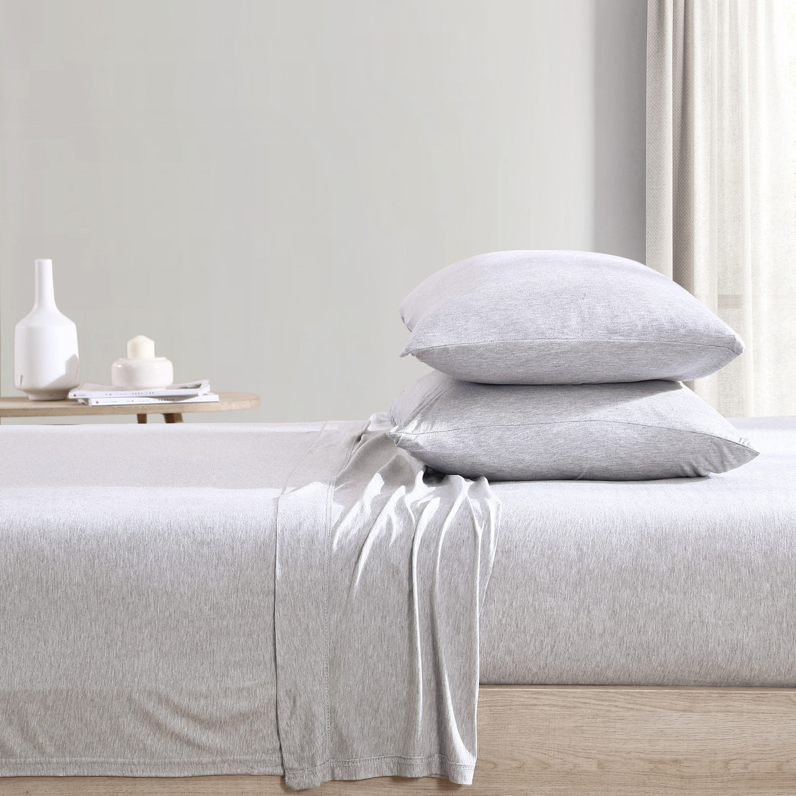 Fransen Sheet Set, Heather Light Gray, Queen Sheet Set with 2 Pillowcases