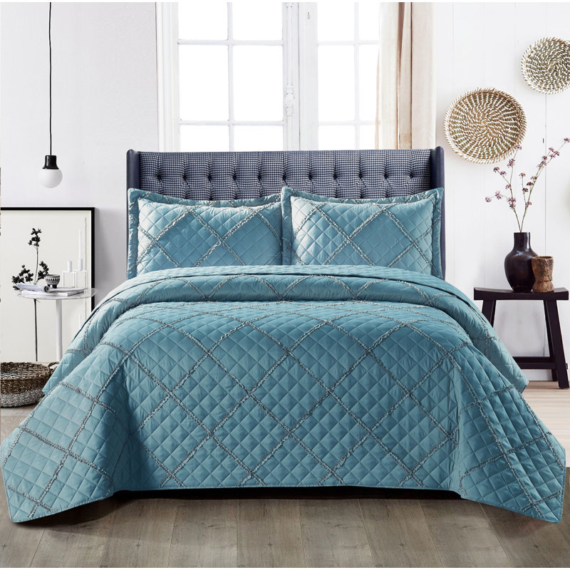 Fairdale Polyester Solid Colour Bedspread with Pillow Shams, 250 x 270 cm Bedspread - 2 Shams, Blue