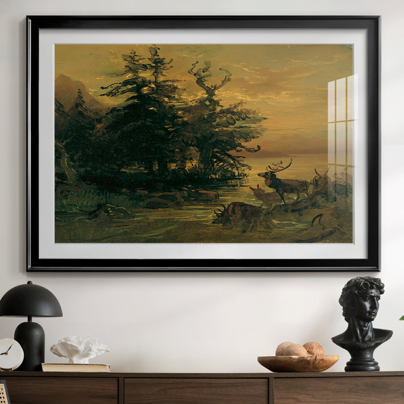 «Deer by a Mountain Lake» par Fred Gauermann, reproduction encadrée avec passe-partout et verre Milieu du 19e siècle, Noir