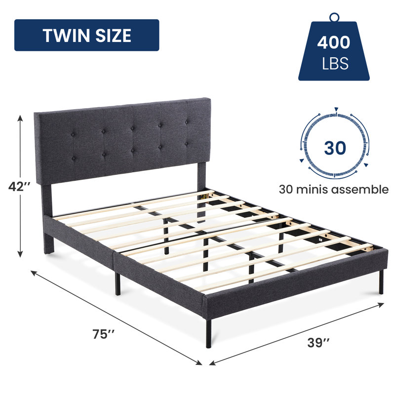 Imajean Frame Bed with Headboard, Dark Gray, Twin