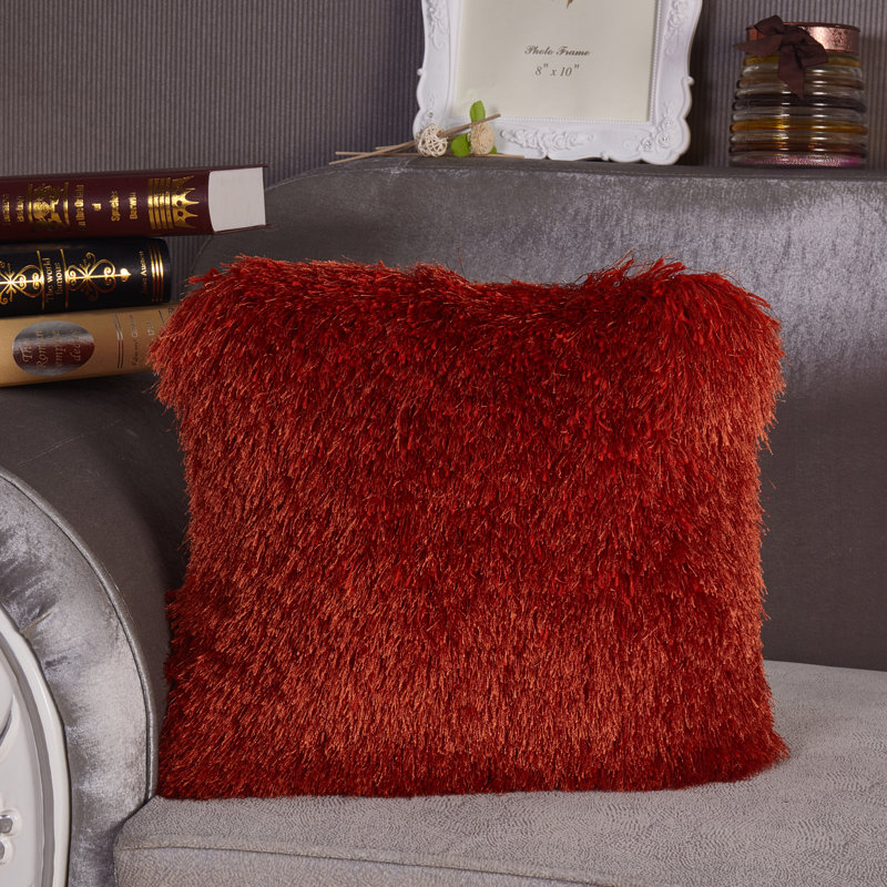 Rust Blood Orange Shaggy Hand Tufted Decorative Pillow 18" x 18"