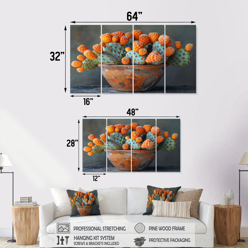 Orange orange vert, photo monochrome de cactus dans un vase I - ensemble d'art mural floral cactus, H 32 po x l 64 po