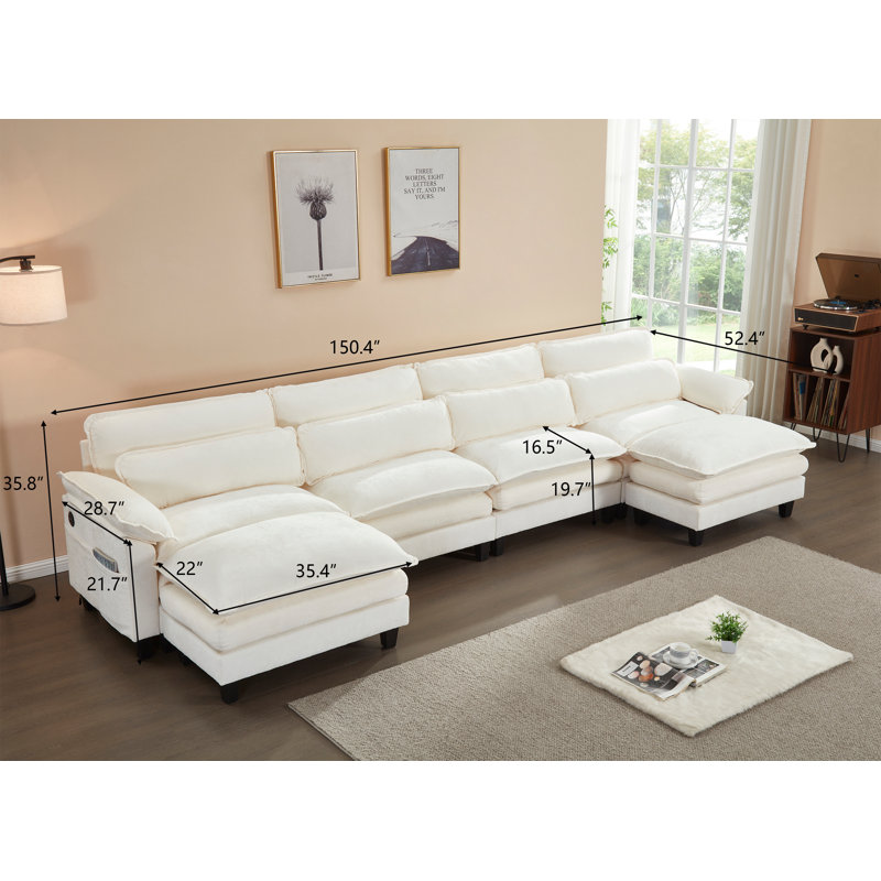 Asher U-Shape Sectional Sofa, 150.4" Wide Chenille  Sofa with USB, White Chenille