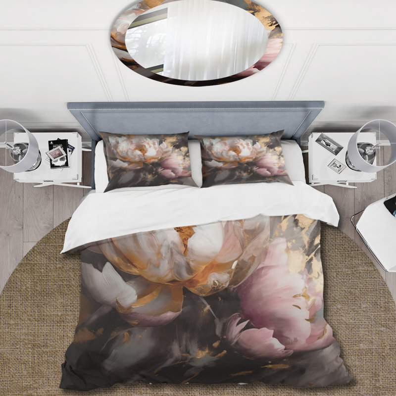 Ensemble de housse de couette en microfibre / polyester Marble Pink Gold Peony Flower V