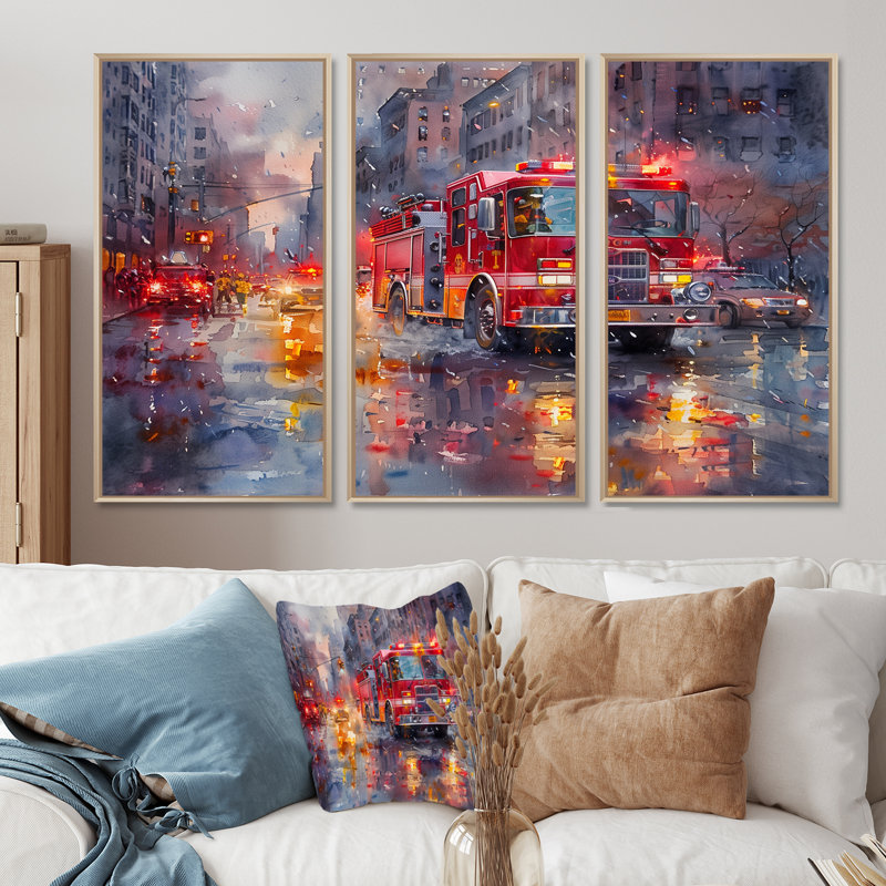 Camion de pompier rouge à New York I - ensemble d'art mural pompier, Toile naturelle avec cadre flottant
