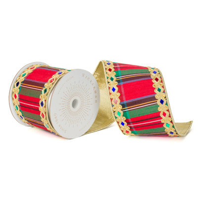 Vickerman 4"X10 Yds Multicolor Plaid with Jeweled Gold Applique Trim and Gold Backing Ribbon.