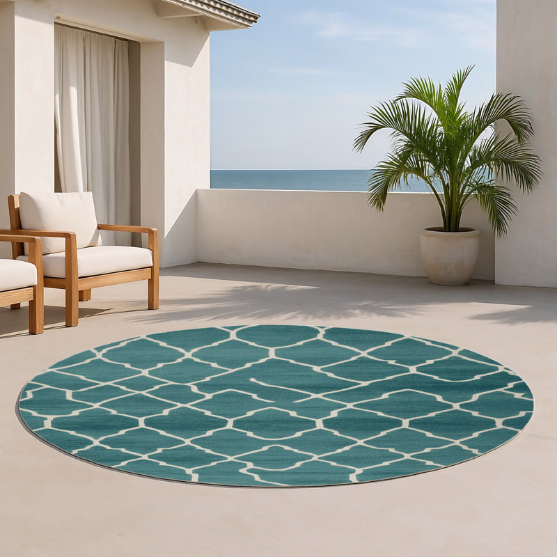 Tapis bleu intérieur et extérieur Trellis, Rond 5 pi