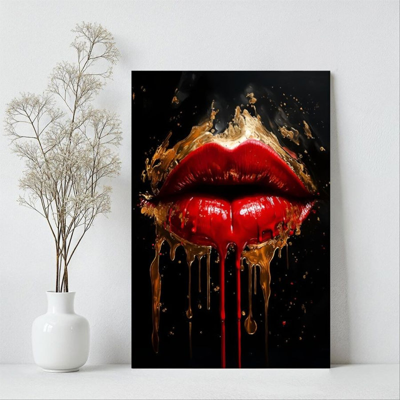 1Pc, impression sur toile encadrée rouge à lèvres, gouttelettes dorées, décor de style surréalisme