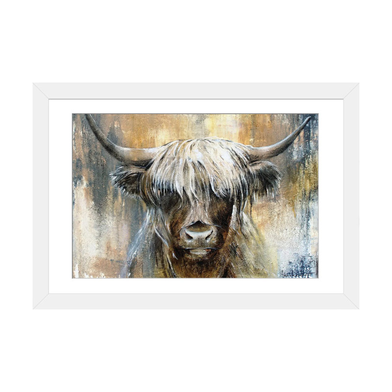 " Highland Cow I " by Studio Paint-Ing, 24" H x 32" W x 1" D, White Picture Framed Paper