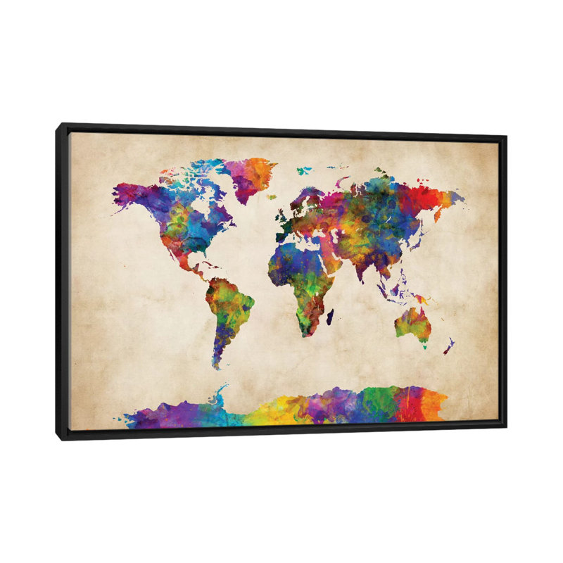 Série de carte du monde : strong aquarelles ii, impression sur toile tendue, H 18 po x l 26 po x P 1,5 po, Pas de tapis