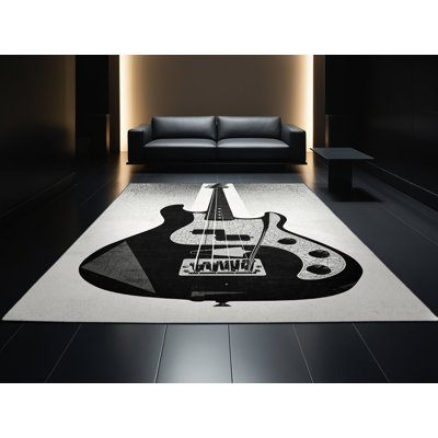 Machine Washable Entertainment & Pop Culture Electric Bass Modern & Contemporary Geometric Rug in Grey – Black Binding