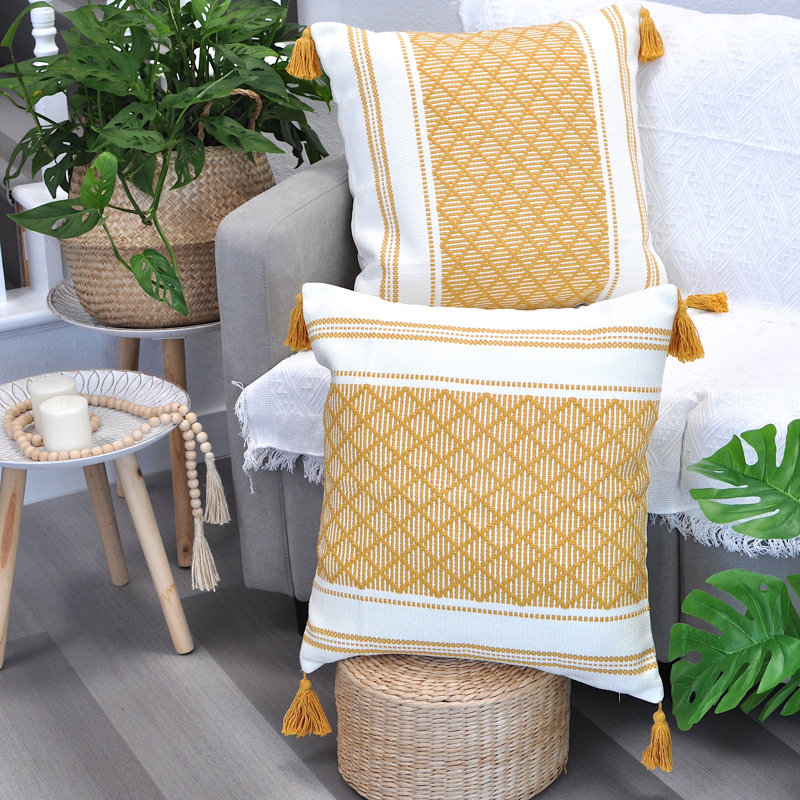 Woven Pillow Covers With Tassels, Geometric Pattern Pillowcases For Outdoor / Indoor (Set of 2), 20" x 20", Yellow