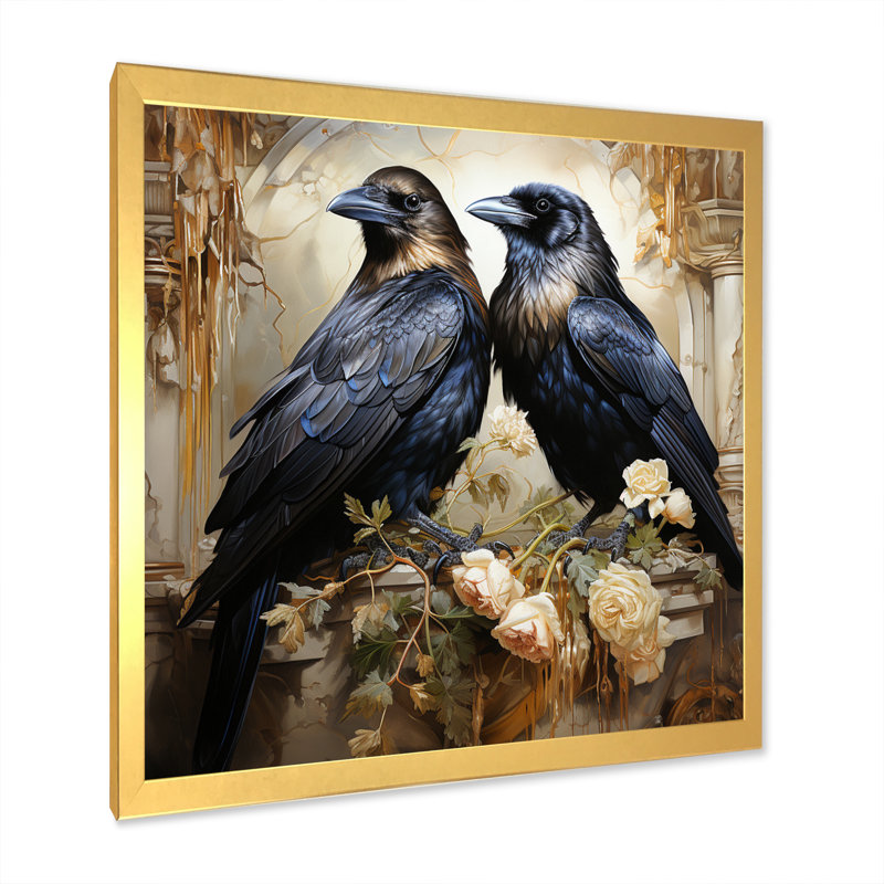 Bhopal Crow Golden Elegance - Imprimé, Encadrement doré, H 16 po x l 16 po x P 1 po