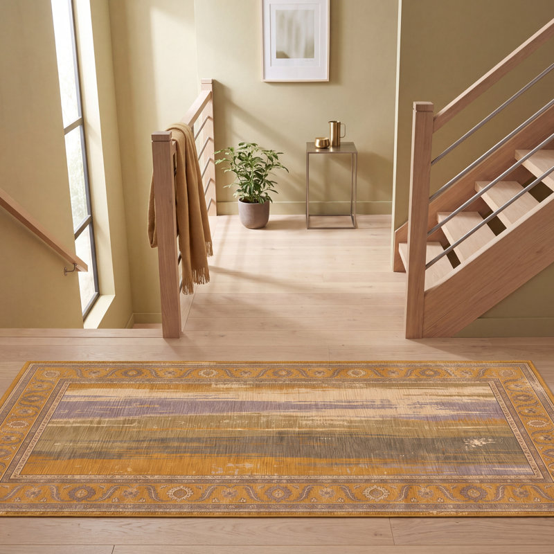 Tapis Meadow2 moderne à l'aspect vieilli, motif aquarelle abstrait or, vert et gris, lavable à la machine, antidérapant, à poils courts, pour l'intérieur et l'extérieur, adapté aux animaux domestiques, idéal pour le salon, la chambre, la salle à manger, l'entrée, le couloir ou le bureau.