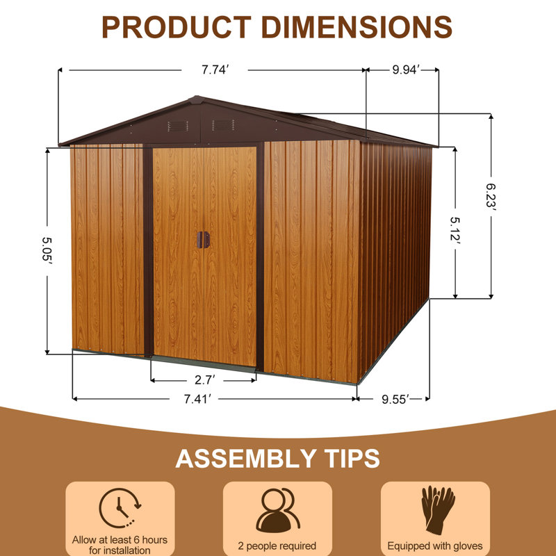 Remise de rangement en métal 8 pi x 10 pi avec base, structure en fer galvanisé café, évents perforés pour la ventilation, porte coulissante cadenassable, remise extérieure facile à assembler, construction robuste, intégrée