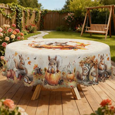 Machine-washable polyester tablecloth with autumn squirrel design