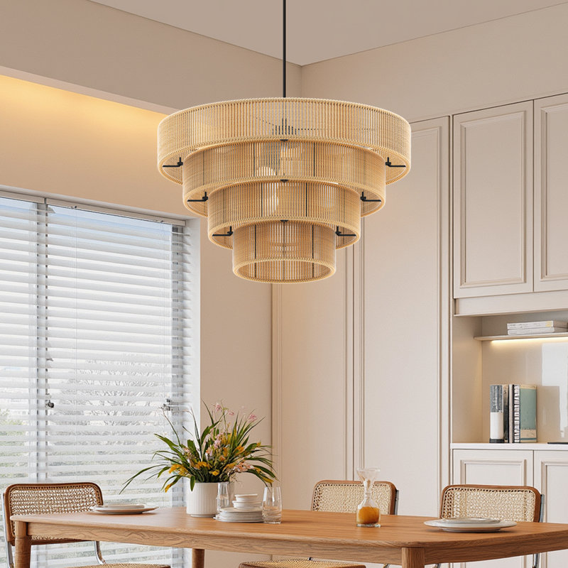 Grand luminaire suspendu en rotin tissé, plafonnier boho à hauteur réglable pour îlot de cuisine, salon, chambre à coucher