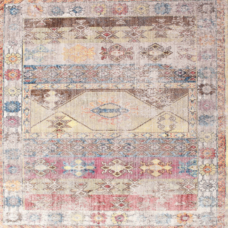 Tapis traditionnel gris / rouge / beige, Rond 5 pi