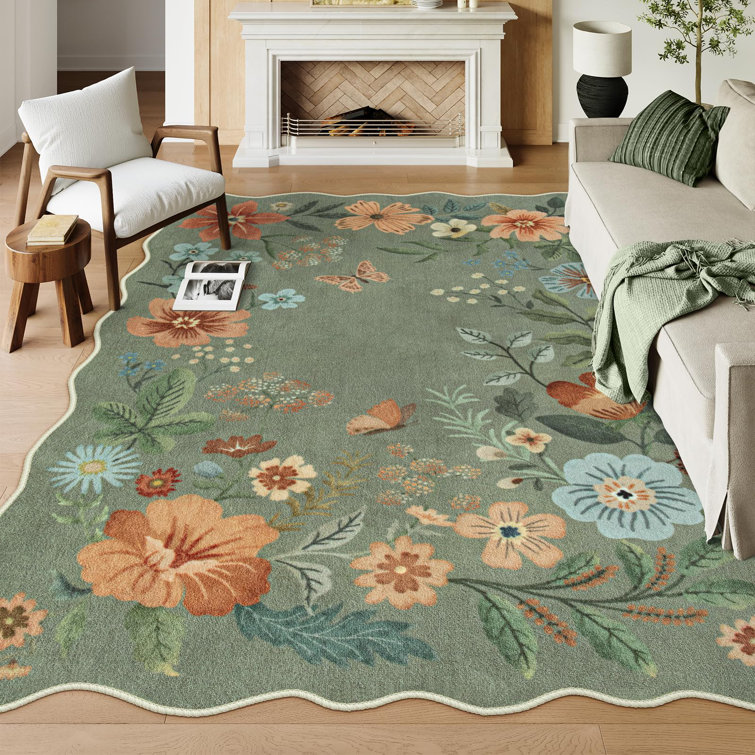 Garbrand Machine Washable Floral Farmhouse Area Rug with Non-Slip Backing for Living Room, Dining Room, Bedroom