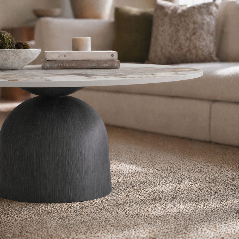 Meranda 31" Round Stone Coffee Table With Walnut Solid Wood Pedestal For Living Room & Home Decor, Pandora, Charcoal Black