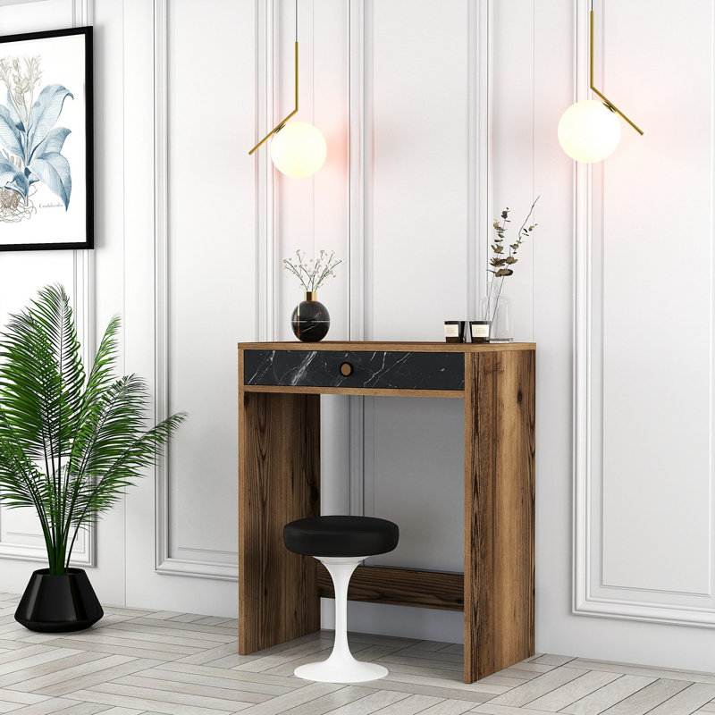 Table de maquillage moderne, noyer et noir avec finition en marbre, 27,6 po x 15,7 po x 33,4 po | 100% panneau de particules enduit de mélamine, épaisseur: 0,7 pouce | Design élégant et fonctionnel pour les espaces contemporains