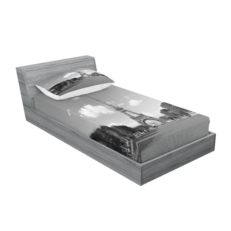 Drap-housse et coussin décoratif Ambesonne Tour Eiffel gris, Ensemble de draps pour lit simple + 3 pièces supp