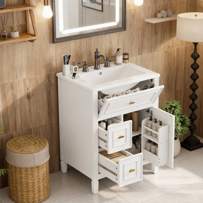 Meuble-lavabo 24 po avec lavabo - tiroir simple et double tiroir, tablette réglable, bois massif et panneau de fibres à densité moyenne