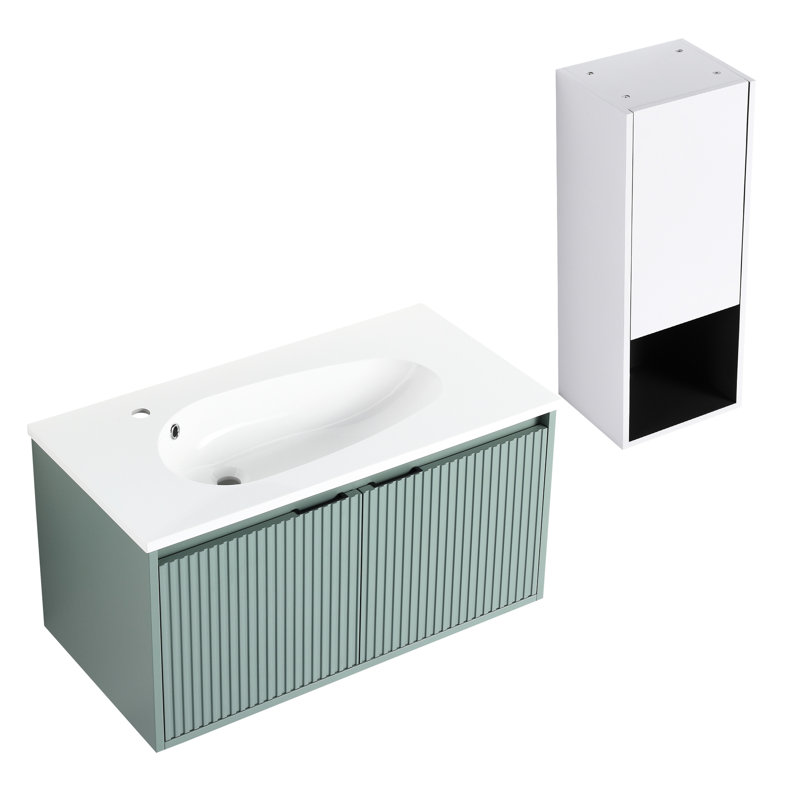Meuble-lavabo de salle de bain 36 po avec lavabo en résine en forme de goutte et armoires latérales, blanc