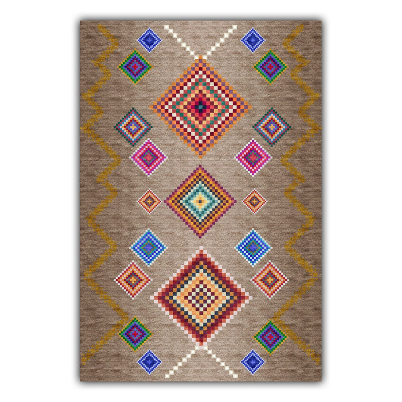 Tapis beige à motif géométrique multicolore lavable à la machine, Sous-tapis rectangulaire de 3 pi 3 po x 4 pi 11 po