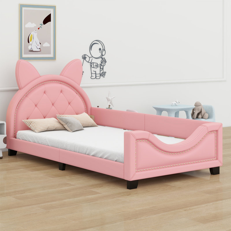 Upholstered Daybed With Carton Ears Shaped Headboard, Pink