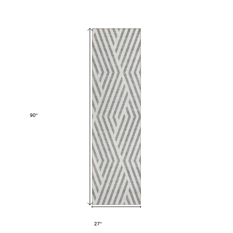 HomeRoots 8' Gray And Ivory Geometric Washable Indoor Outdoor Runner Rug