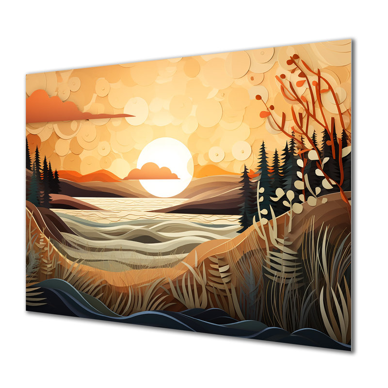 Automne, arbres et plantes sous la rivière Warm Sunset - Paysage abstrait, art mural, salon, Métal métal